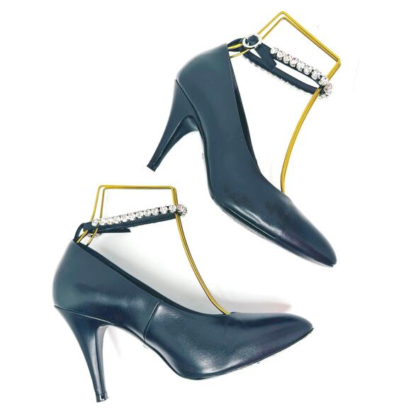 GUCCI Black Leather Crystal Embellished Ankle Strap Pointed Toe Pump Heel EU36.5 - Picture 3 of 13